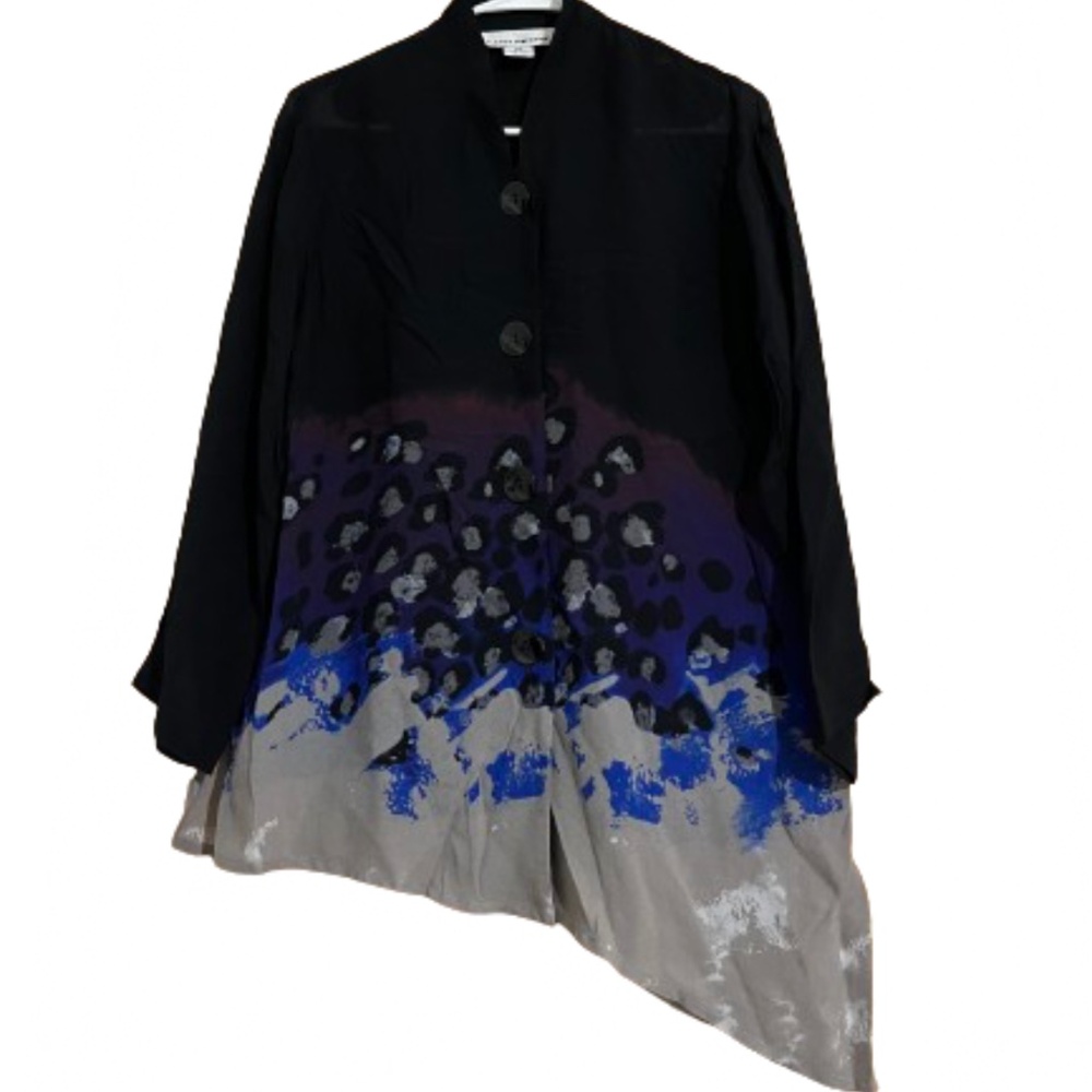 Caroline Rose Black Multi Floral Abstract Georgette Draped Tunic Top Sz-S/M